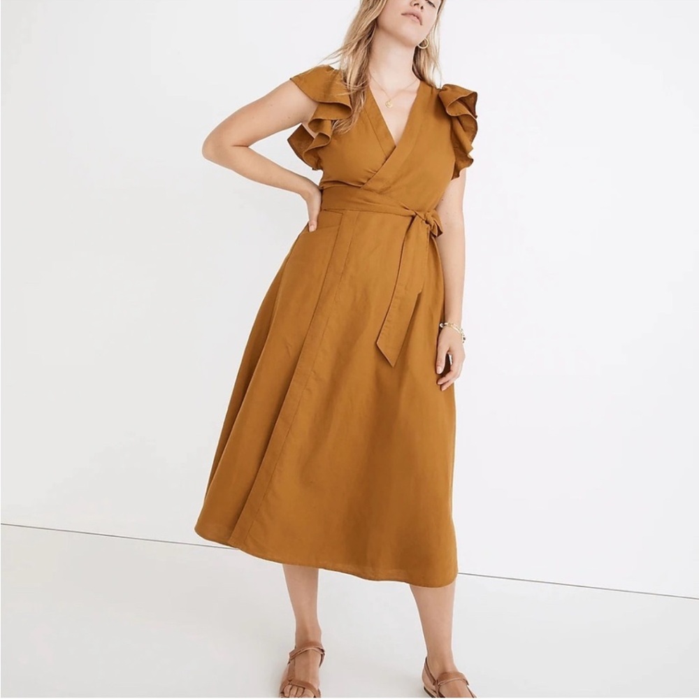Madewell Linen Ruffle-Sleeve Wrap Dress Gold Medium